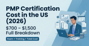 PMP certification cost in the US 2026 showing exam fees training cost and total price breakdown from $700 to $1500 with project management visuals