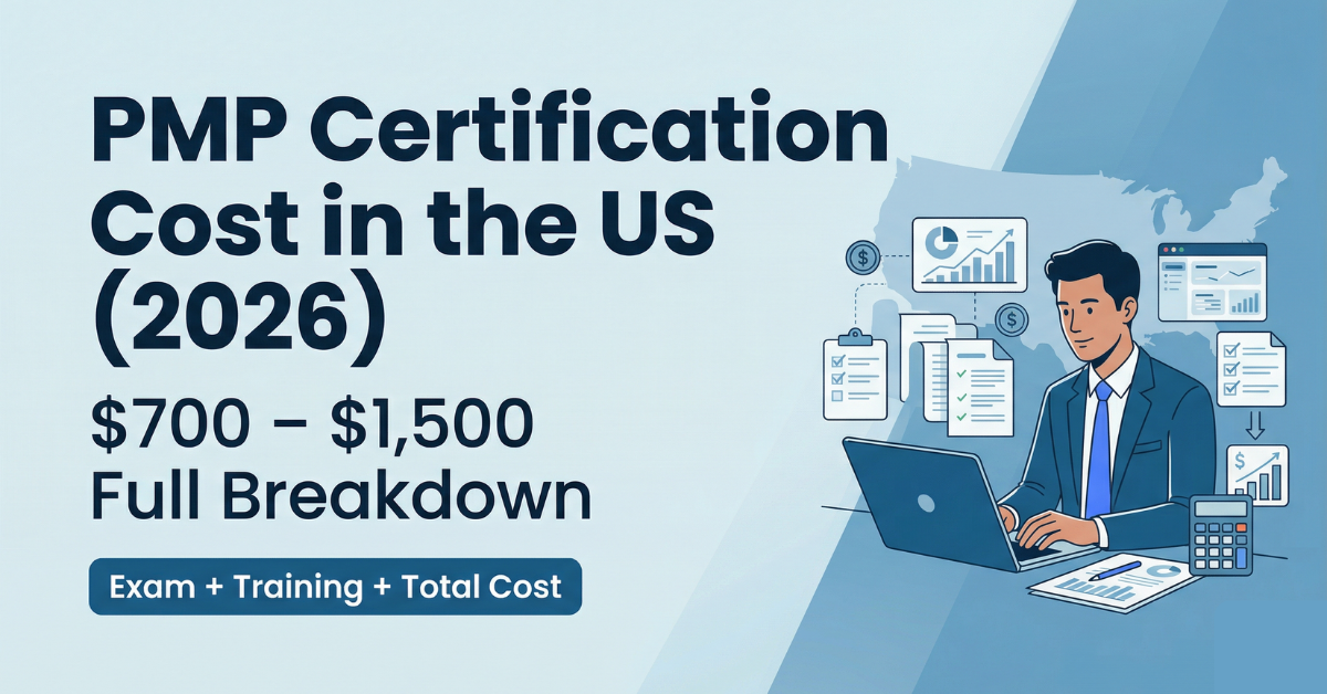 PMP certification cost in the US 2026 showing exam fees training cost and total price breakdown from $700 to $1500 with project management visuals