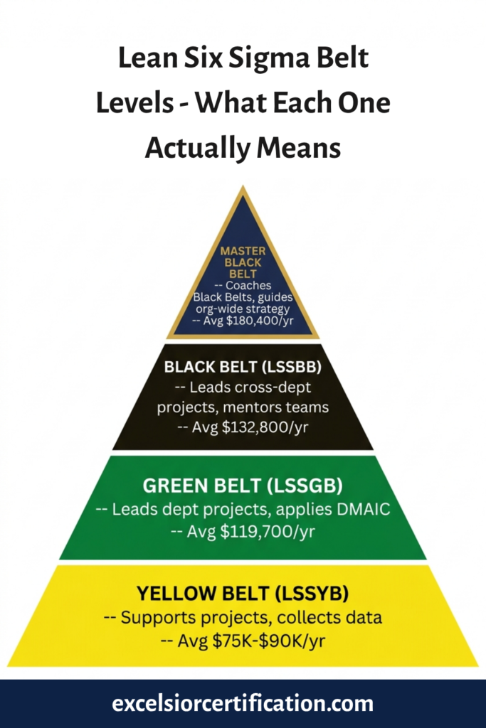 Lean Six Sigma belt levels explained - Yellow Belt, Green Belt, Black Belt LSSBB, and Master Black Belt with 2026 US average salaries