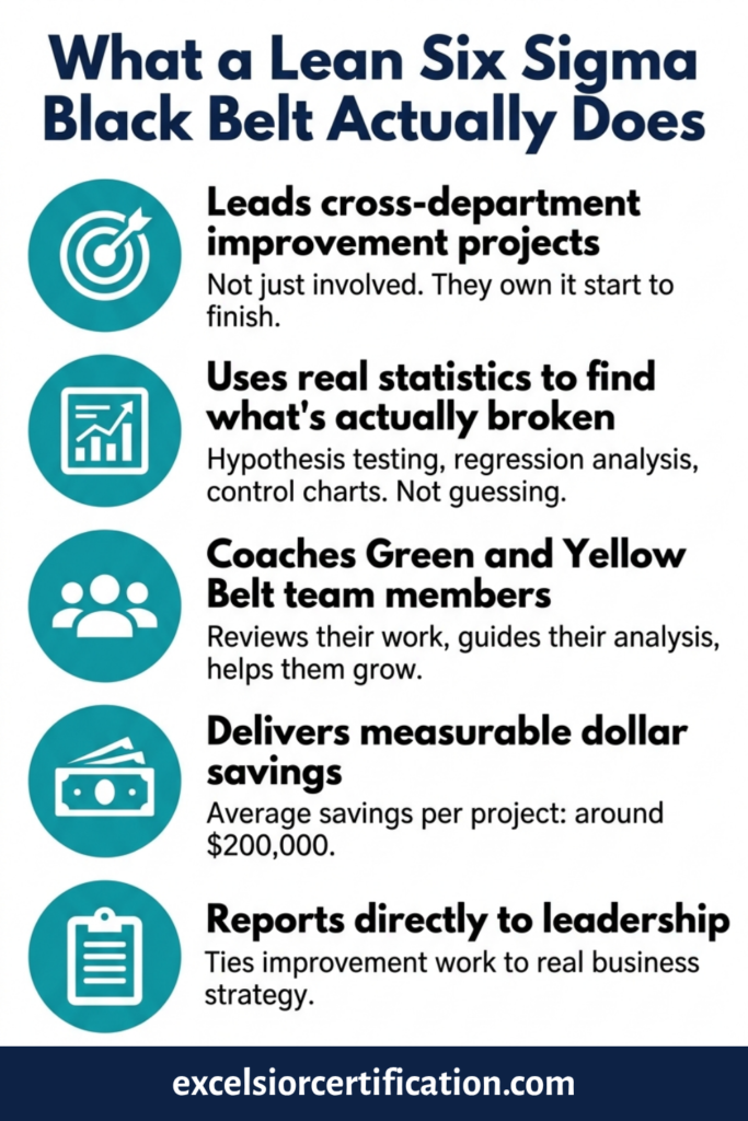 What a Lean Six Sigma Black Belt does at work -- 5 key LSSBB job responsibilities including project leadership, statistical analysis, and team mentoring